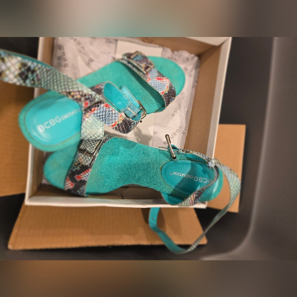 Turquoise Snake-Print Wedge Sandals - Women's - Picture 4 of 4